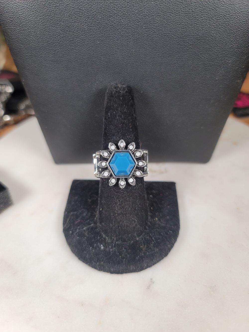 paparazzi Blue Hexagon Floral Halo Ring